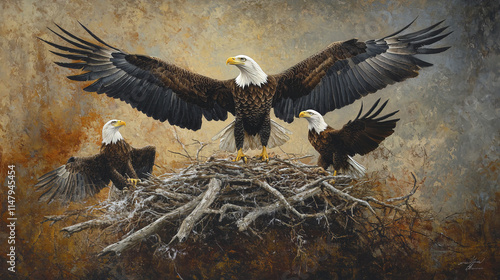 Wallpaper Mural family of American eagles in nest, showcasing their majestic wings Torontodigital.ca
