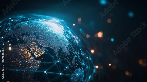 Digital Globe With Glowing Connections Representing Global Networking and Technology Innovations in a Futuristic Landscape