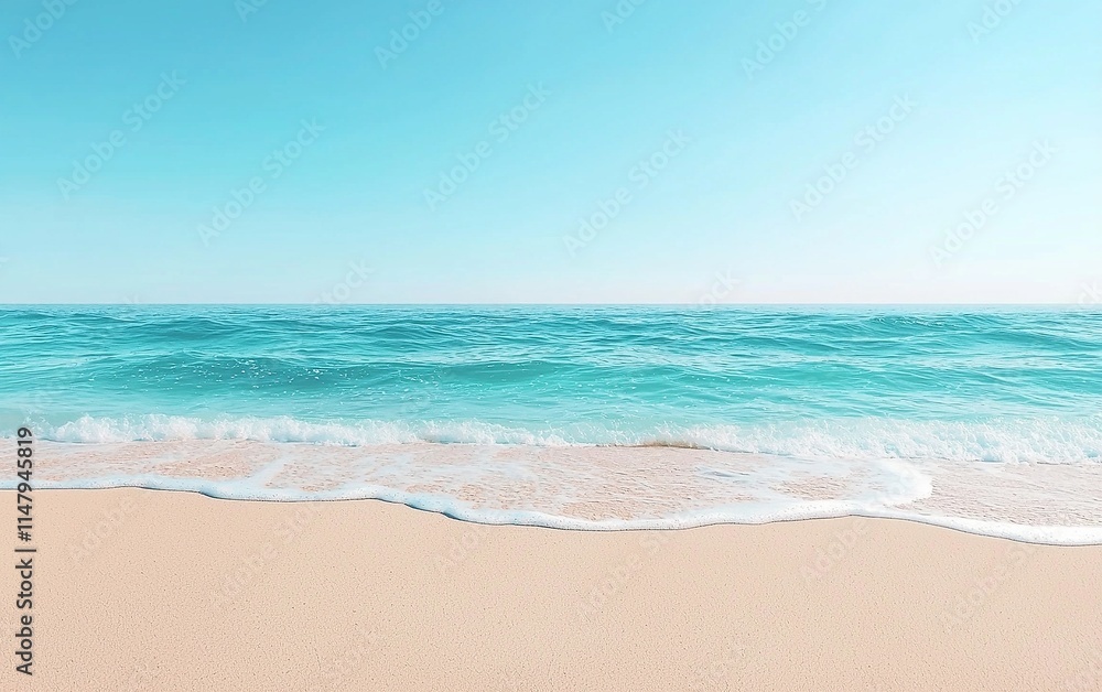 Fototapeta premium Breath of fresh air, deep ocean blue backdrop, gentle waves caressing sand, fostering tranquility and clarity within thoughts.
