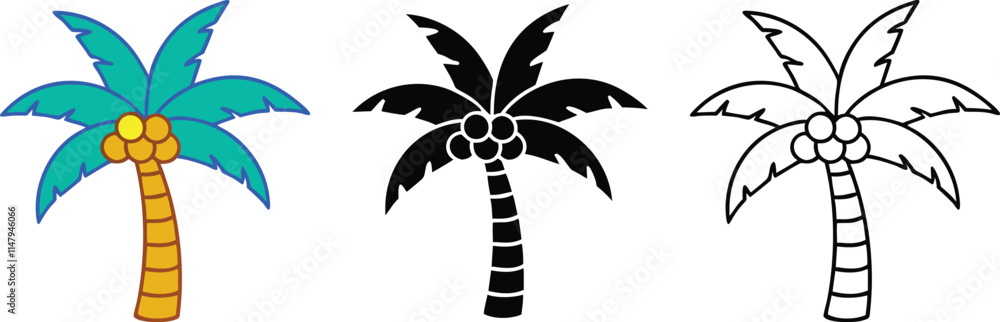Tropical Palm Tree Illustrations Color, Black, Outline Versions Tropical Palm Tree Illustrations Color, Black, Outline Versions