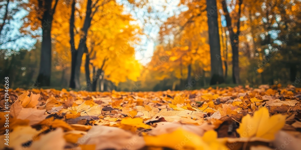 Colorful Autumn Leaves Cover a Pathway in a Serene Forest During a Sunny Day Colorful Autumn Leaves Cover a Pathway in a Serene Forest During a Sunny Day