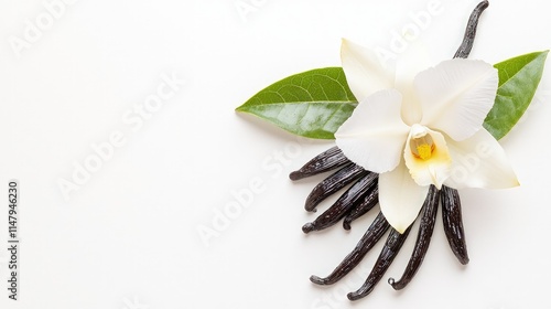 Fresh vanilla pods with a white orchid flower and green leaves on a clean white background with copy space.