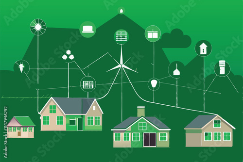 Illustrate a modern smart grid connecting numerous houses with smart meters, showcasing efficient energy distribution and data flow.