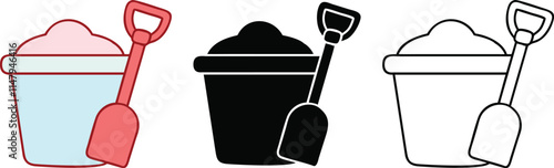 Sand Bucket and Shovel Colorful, Black, White Icons