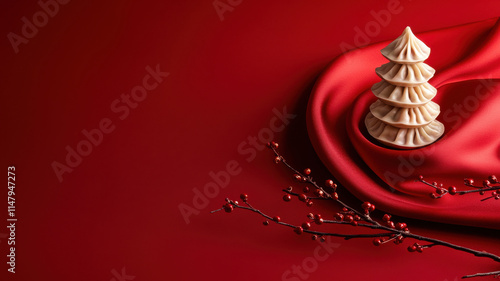 creative dumpling tower shaped like pagoda on red fabric photo