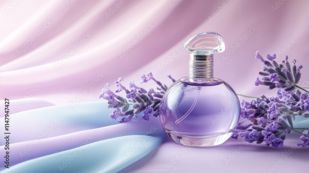 Lavender Perfume Bottle on Soft Pastel Fabric Lavender Perfume Bottle on Soft Pastel Fabric