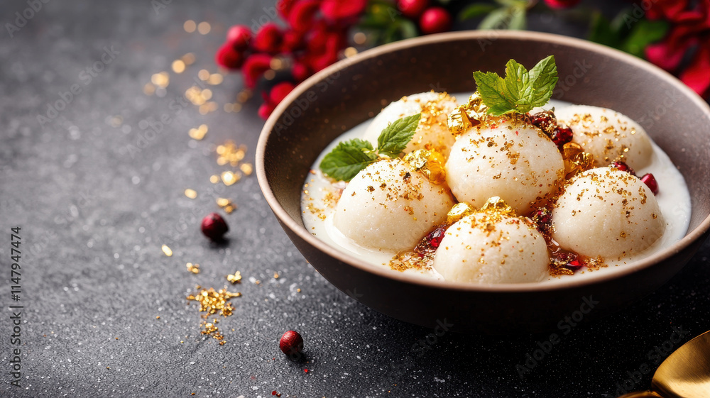 Delicious tangyuan dessert served in bowl, garnished with mint and gold flakes Delicious tangyuan dessert served in bowl, garnished with mint and gold flakes