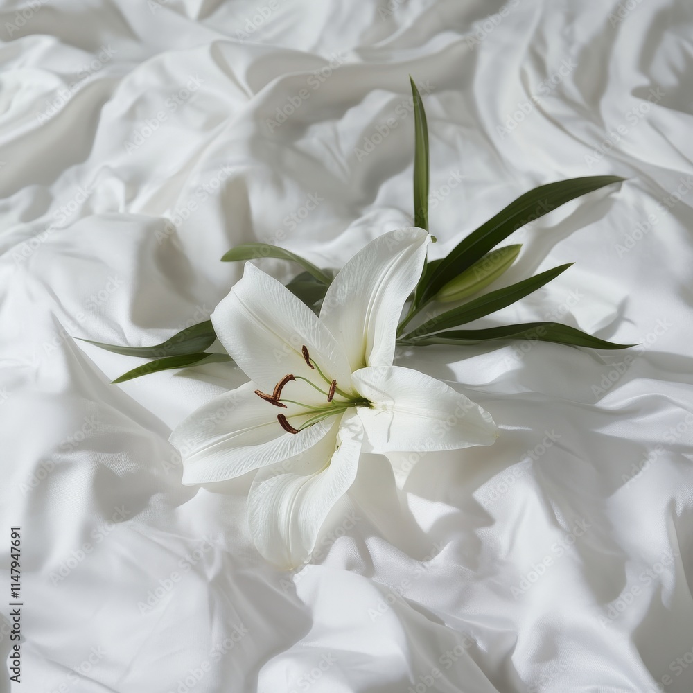 A delicate white lily rests on crumpled fabric, bathed in soft sunlight, creating a tranquil and elegant scene. A delicate white lily rests on crumpled fabric, bathed in soft sunlight, creating a tranquil and elegant scene.