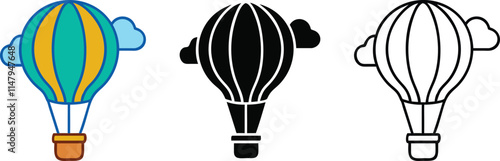 Hot Air Balloon Icons Color, Black, Outline, Sky, Clouds, Flight, Travel, Adventure, Design, Graphic