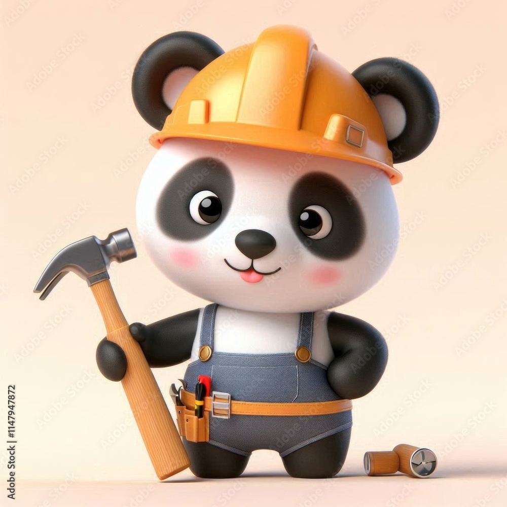 Cute Panda Handyman Holding Hammer Cartoon 3d  Generative AI
