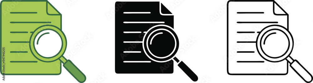 Document Review Green, Black, White Icons with Magnifying Glass Document Review Green, Black, White Icons with Magnifying Glass