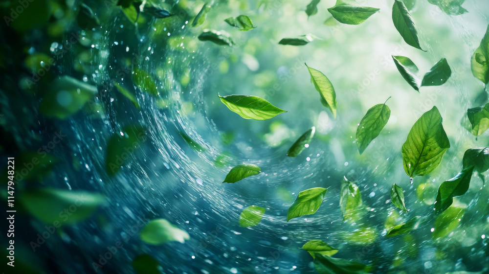 Abstract wind swirls with green leaves and sparkles isolated on transparent background. Vector realistic illustration of air vortex and wave with flying mint leaves Abstract wind swirls with green leaves and sparkles isolated on transparent background. Vector realistic illustration of air vortex and wave with flying mint leaves