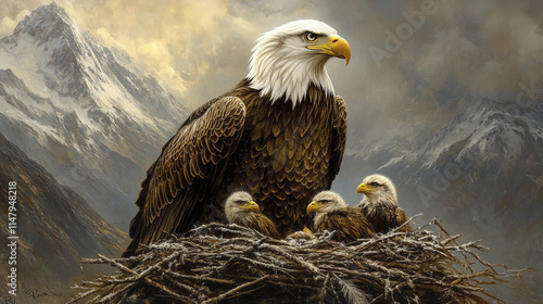 Majestic bald eagle guarding her eaglet chicks in mountain nest