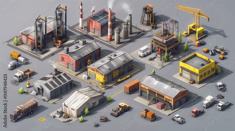 A realistic isometric collection of industrial buildings, including factories, cranes, and warehouses, designed for an urban game A realistic isometric collection of industrial buildings, including factories, cranes, and warehouses, designed for an urban game