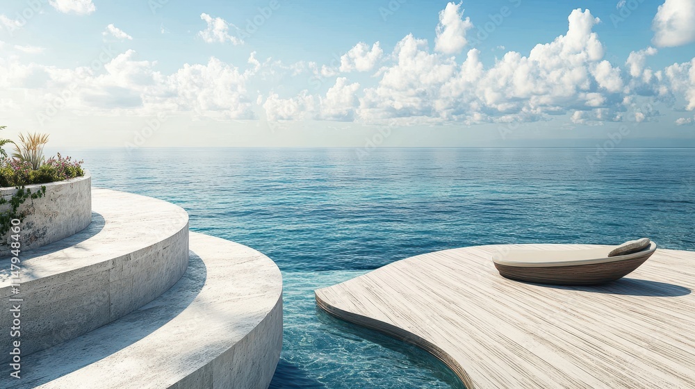 Obraz premium Tranquil Ocean View With Modern Lounger And Steps