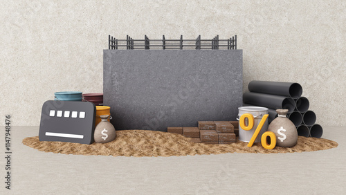 Fototapeta Naklejka Na Ścianę i Meble -  Empty concrete wall frame with bricks, sand, construction materials and equipment. Building construction budget. Finance and Real Estate Investment. Copy space. 3D Illustration.