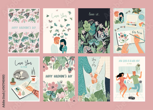 Set of Romantic illustrations. Man and woman. Love, love story, relationship. Vector design concept for Valentines Day and other use.