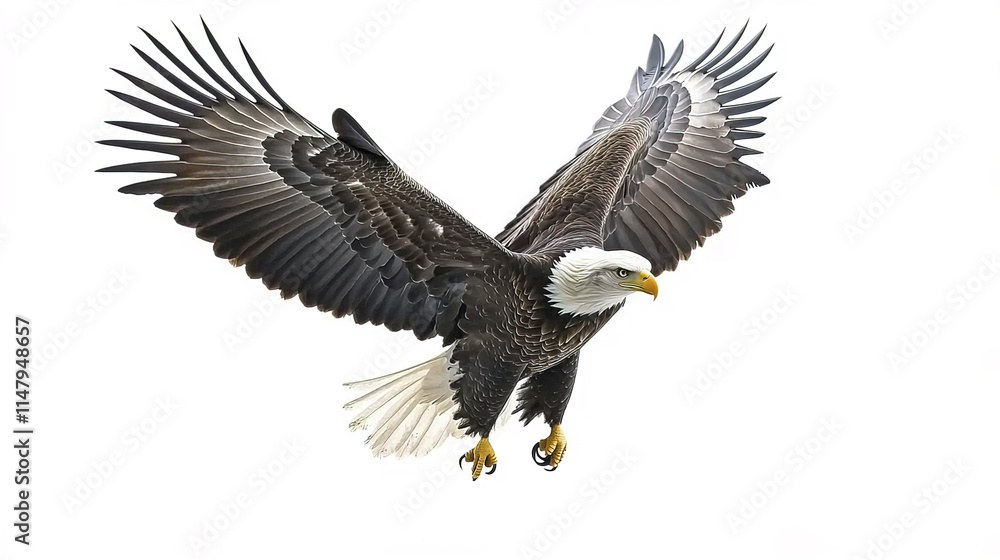 Fototapeta premium Majestic American bald eagle flying with wings spread wide in white background