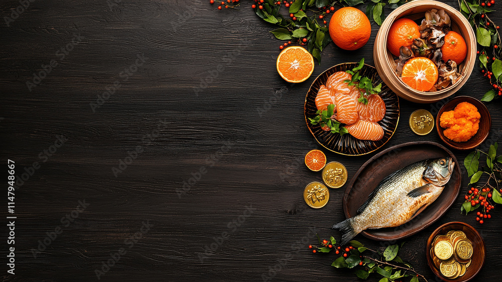 Fresh fish and citrus fruits arranged beautifully on dark wooden table, creating vibrant and festive atmosphere Fresh fish and citrus fruits arranged beautifully on dark wooden table, creating vibrant and festive atmosphere