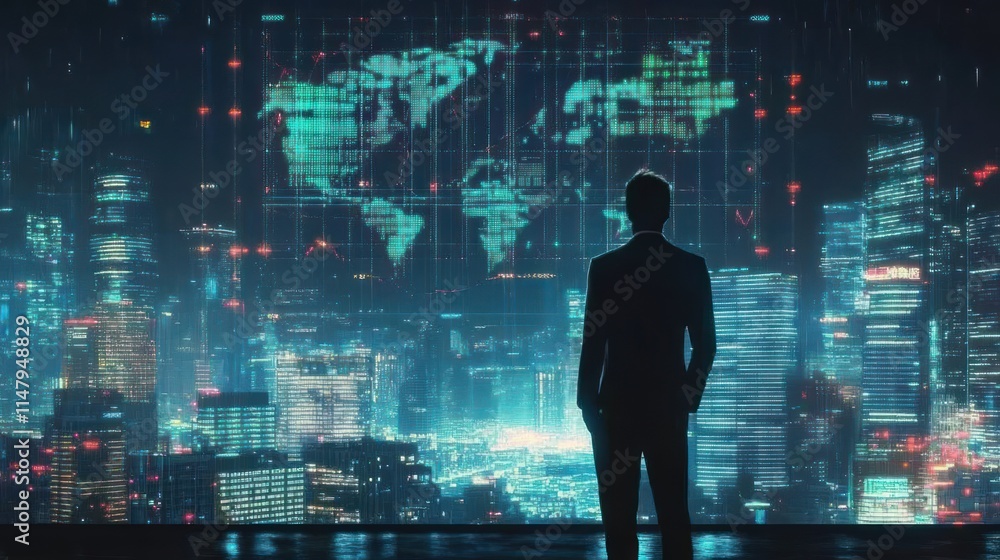 Businessman gazing at global data on a futuristic cityscape at night. Businessman gazing at global data on a futuristic cityscape at night.