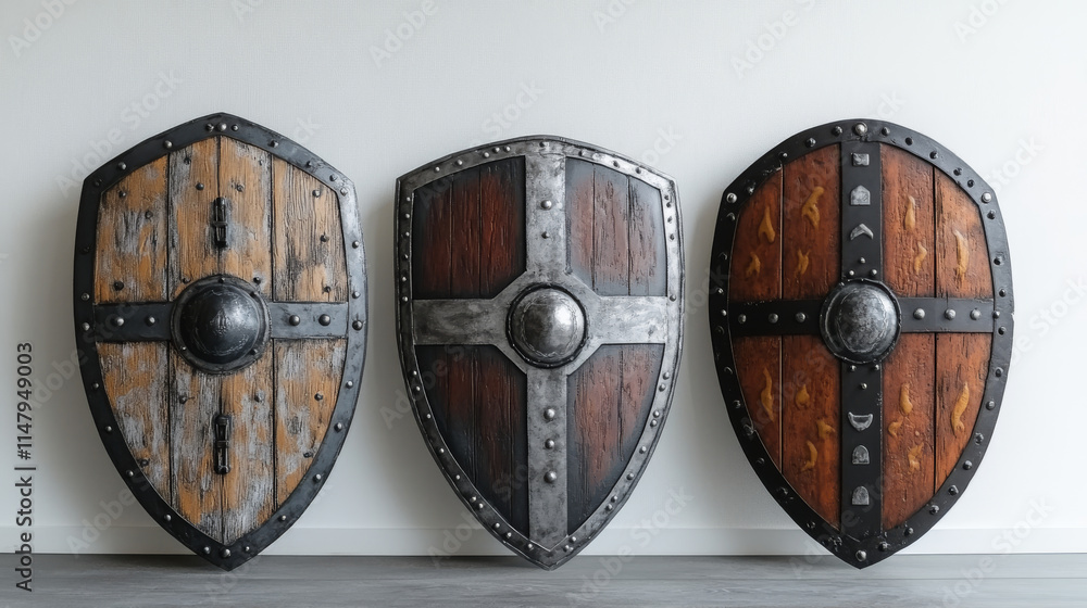 Shield Half Part Set of game shields, cartoon fantasy medieval armor of metal and wood ...