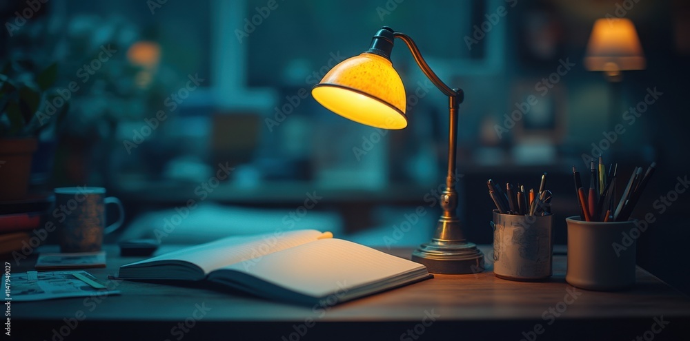 Desk lamp illuminates open notebook, pencils, and mug in a dimly lit room. Desk lamp illuminates open notebook, pencils, and mug in a dimly lit room.