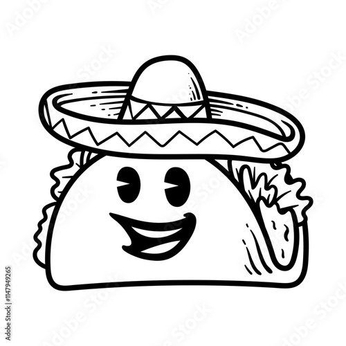 funny cartoon charcter of taco wear sombrero hat isolated drawing line art style sketch classic vintage design illustration