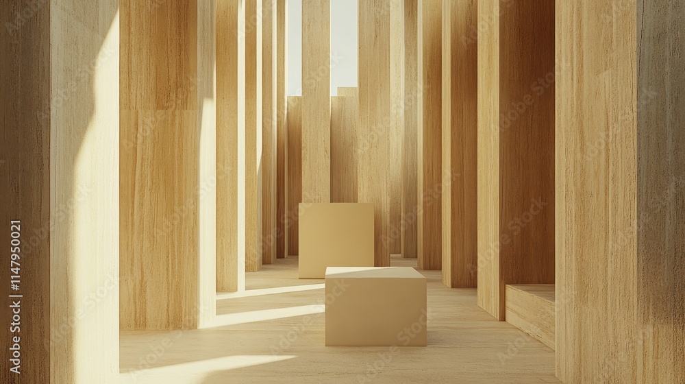 Minimalist Wooden Structure with Beige Cubes Minimalist Wooden Structure with Beige Cubes