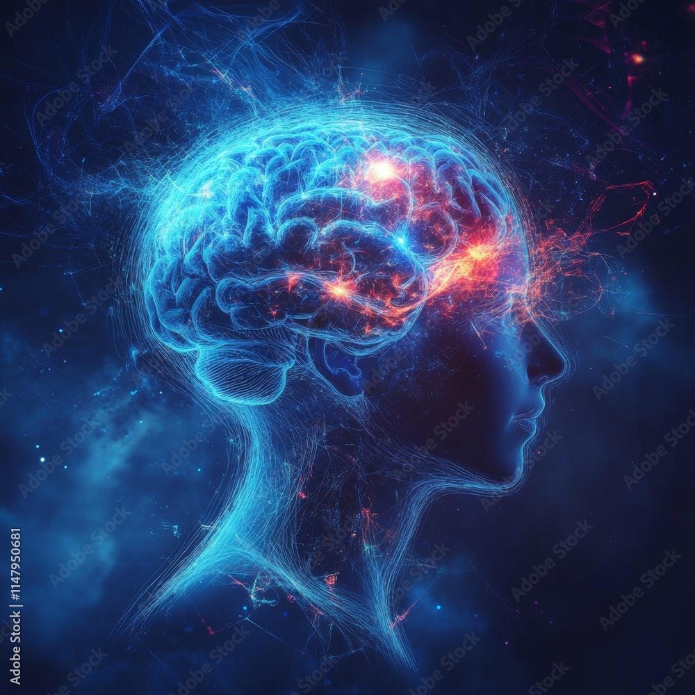 Creative Representation of a Human Brain Illuminated With Vibrant Colors Against a Dark Background, Illustrating the Complexity of Thought and Consciousness Creative Representation of a Human Brain Illuminated With Vibrant Colors Against a Dark Background, Illustrating the Complexity of Thought and Consciousness