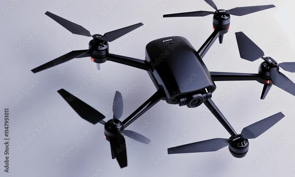 A sleek black drone with four propellers, designed for aerial photography and exploration. A sleek black drone with four propellers, designed for aerial photography and exploration.