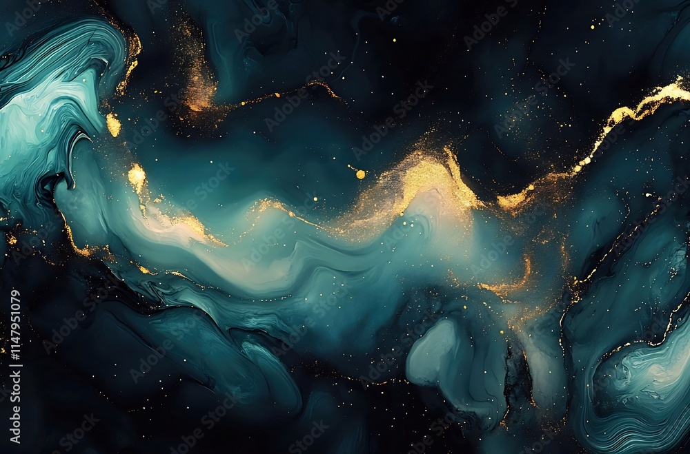 Abstract teal and gold fluid art with swirling patterns and glitter. Abstract teal and gold fluid art with swirling patterns and glitter.