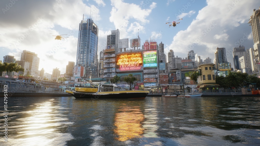 Fototapeta premium Vibrant cityscape waterfront with boats, helicopters, and skyscrapers reflecting in water.