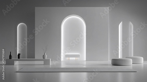 Minimalist white room with arches, benches, and subtle lighting.