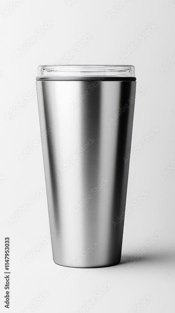 A sleek, silver stainless steel tumbler with a transparent lid, designed for beverages and showcasing a modern aesthetic. A sleek, silver stainless steel tumbler with a transparent lid, designed for beverages and showcasing a modern aesthetic.