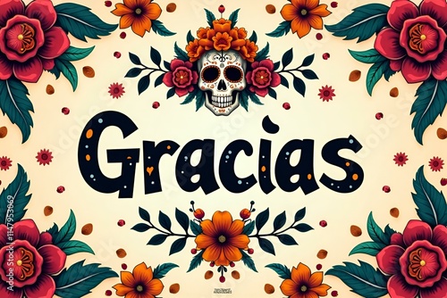 Mexican Day of the Dead Style Gracias with Decorated Sugar Skull