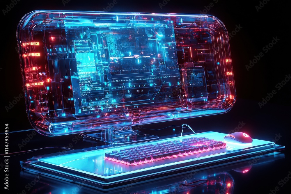Futuristic Transparent Computer with Neon Blue and Red Electric Components Futuristic Transparent Computer with Neon Blue and Red Electric Components