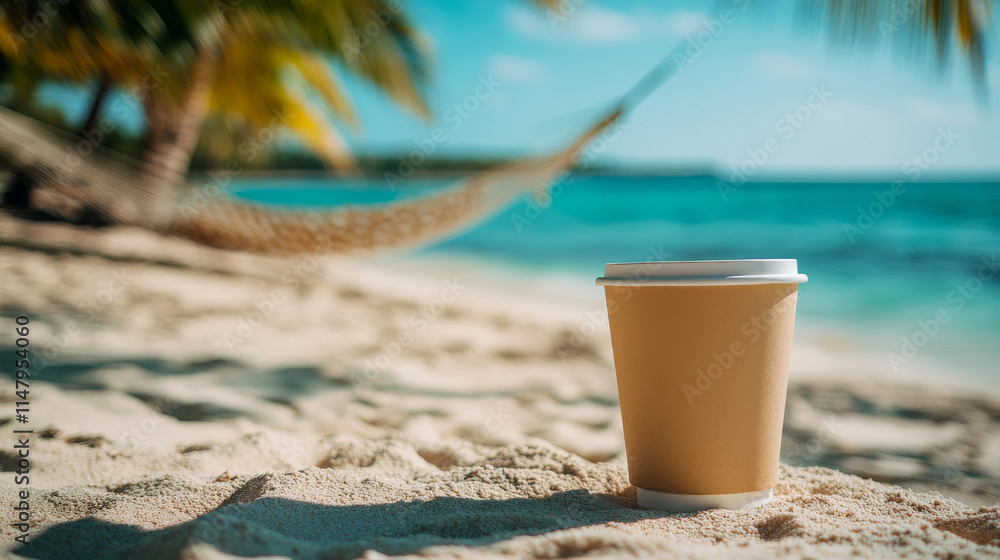 A refreshing cup of coffee on a tropical beach. The perfect way to start your day! A refreshing cup of coffee on a tropical beach. The perfect way to start your day!