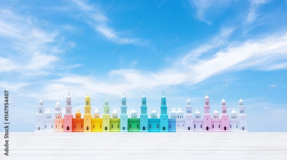 Obraz premium Colorful miniature mosques against a bright blue sky.