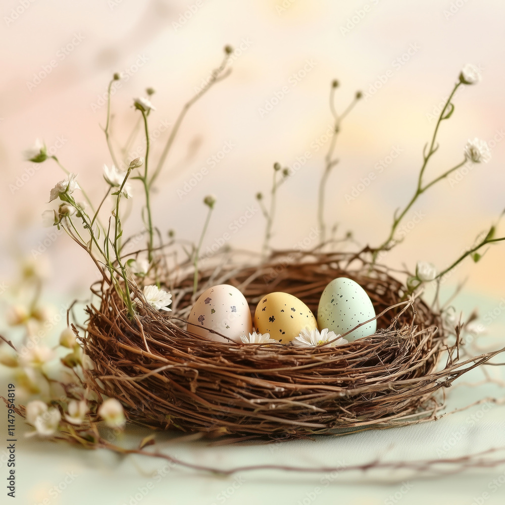 Bird's nest with Easter Eggs. Nest made of twigs, grass, fresh spring blossom branches. Easter card, holiday banner, poster, background, wallpaper.
Bird's nest with Easter Eggs. Nest made of twigs, grass, fresh spring blossom branches. Easter card, holiday banner, poster, background, wallpaper.