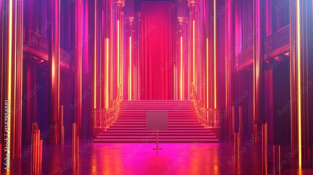 Neon Lit Staircase In A Grand Hallway Neon Lit Staircase In A Grand Hallway