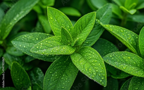 Close-up of vibrant green leaves glistening with morning dew. A breathtaking display of nature's beauty and freshness. photo