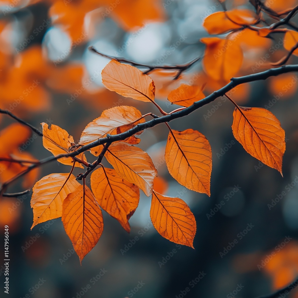 Vibrant Orange Leaves Cling to Branches in a Serene Autumn Setting During Early Morning Light Vibrant Orange Leaves Cling to Branches in a Serene Autumn Setting During Early Morning Light
