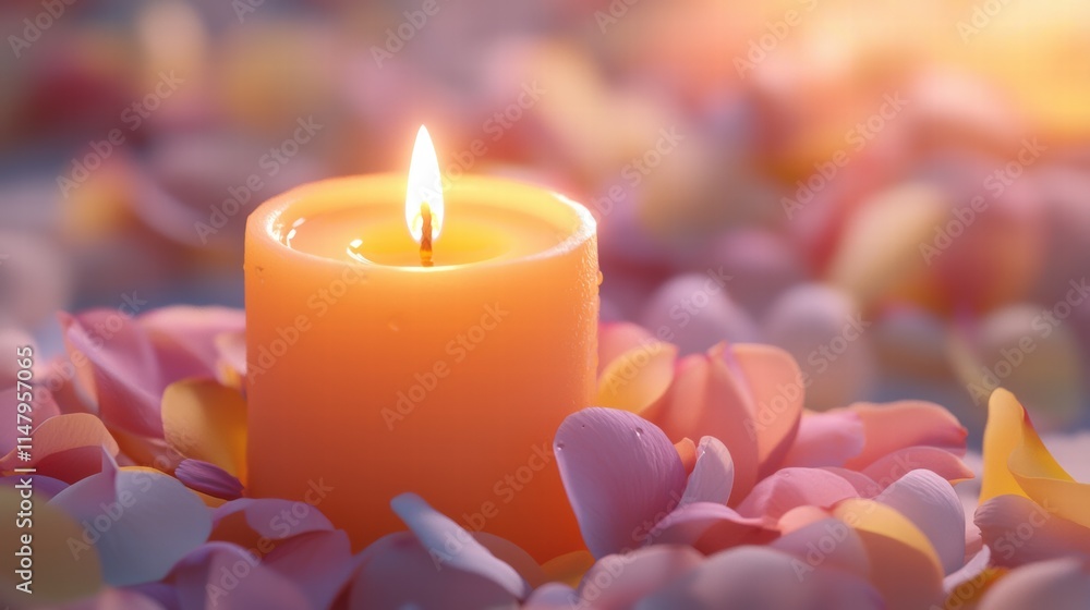 Candle surrounded by pastel floral petals and warm lighting Candle surrounded by pastel floral petals and warm lighting