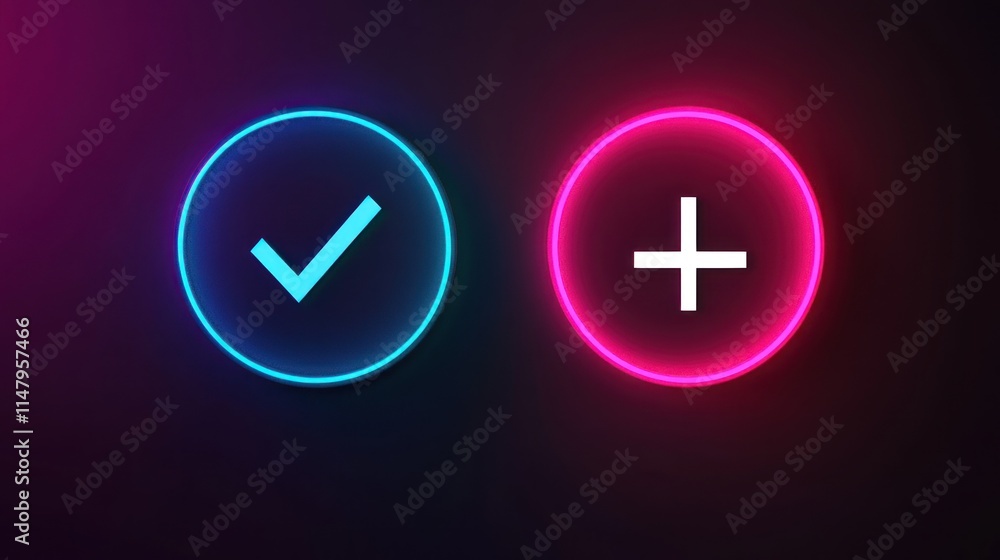 Neon checkmark and plus sign icons. Neon checkmark and plus sign icons.