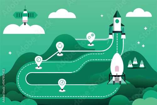 Illustrate a detailed product launch roadmap, step-by-step, showcasing phases from ideation to market entry.  Visualize each stage with relevant icons.