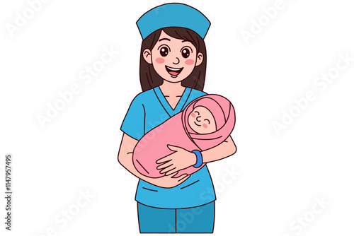 A smiling midwifery holds a newborn baby in her arms.