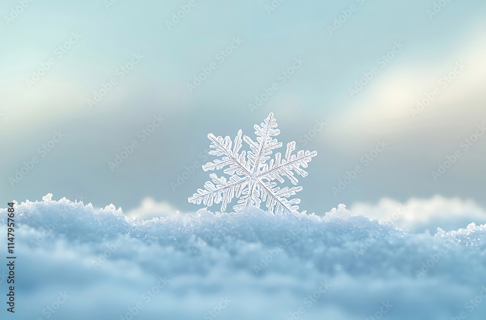 Single snowflake resting on a pristine snowdrift against a soft, light blue sky. Single snowflake resting on a pristine snowdrift against a soft, light blue sky.