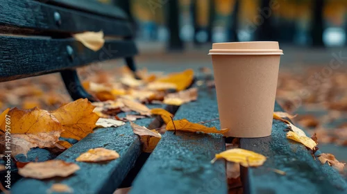 Fototapeta A warm beverage sits on a park bench surrounded by fallen autumn leaves. The earthy tones of the leaves complement the coffee cup's color.