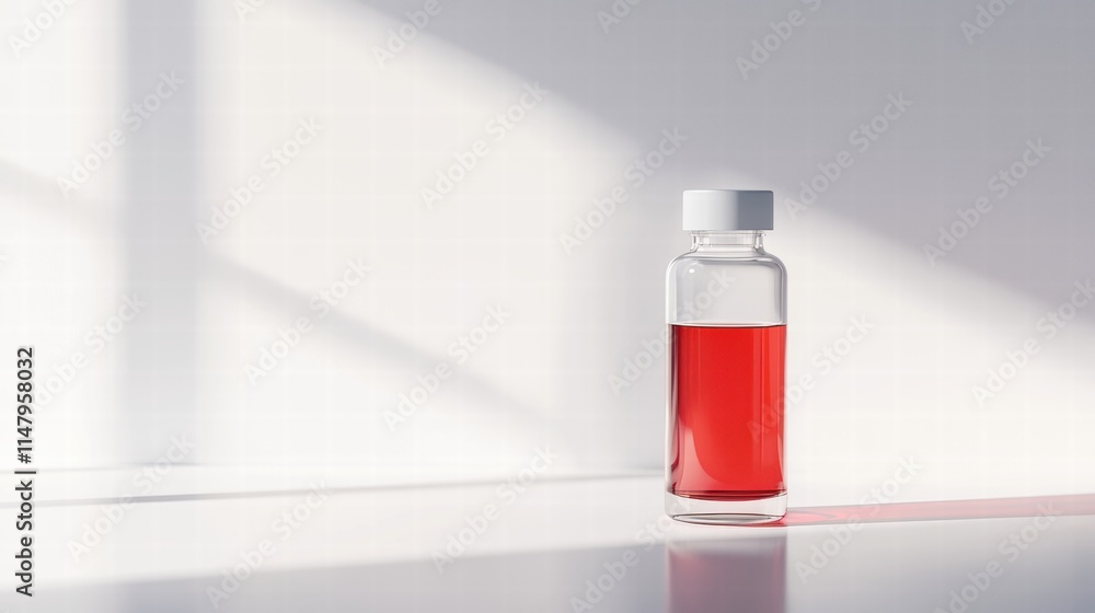Vibrant red liquid in glass vial on reflective white surface Vibrant red liquid in glass vial on reflective white surface