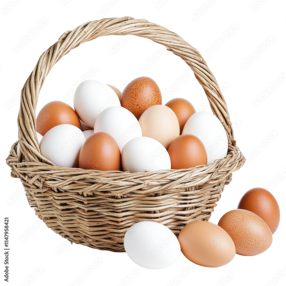 A woven basket filled with various brown and white eggs, some spilling out, showcasing their natural colors and textures, white background, transparent background. A woven basket filled with various brown and white eggs, some spilling out, showcasing their natural colors and textures, white background, transparent background.